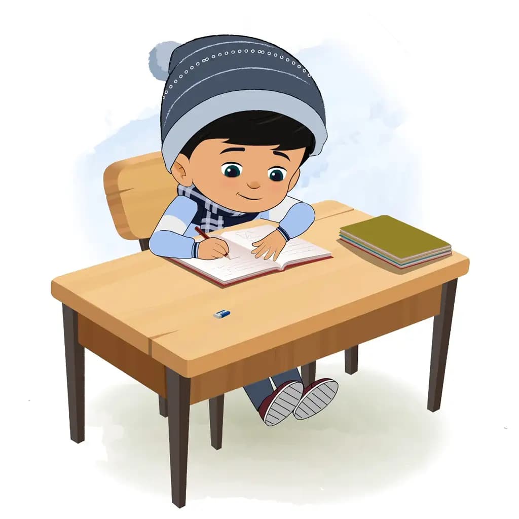 A cute boy doing homework and sitting on the table animated cartoon character aka rohan