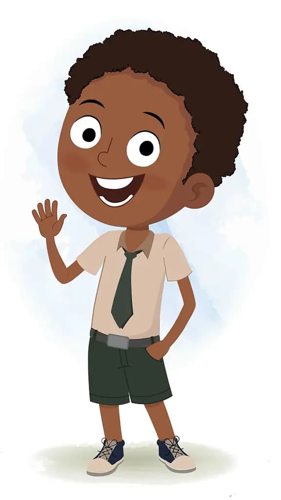 An African school boy saying hello animated cartoon character aka shree