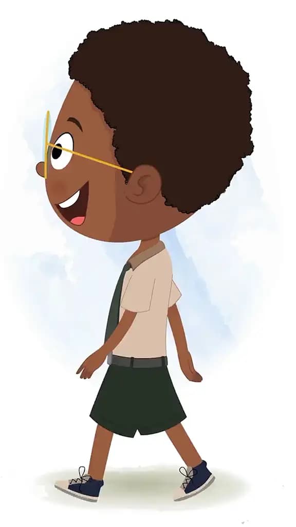An African school boy walking side view animated cartoon character aka shree