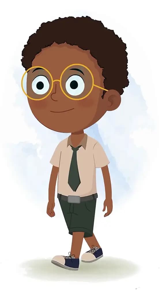 An african school boy 3/4 front view/three quarter view walking animated cartoon character aka shree