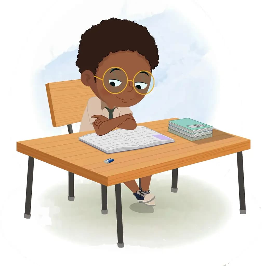 An African school boy reading a book and sitting on the table animated cartoon character aka shree