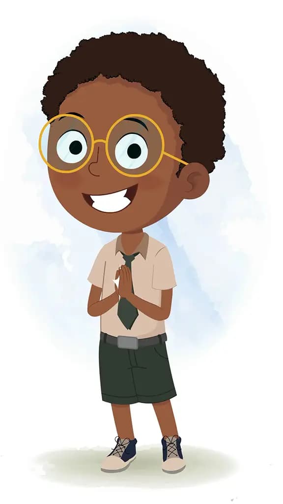 An African school boy clapping animated cartoon character aka shree