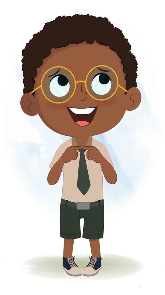 A nervous african school boy animated cartoon character aka shree