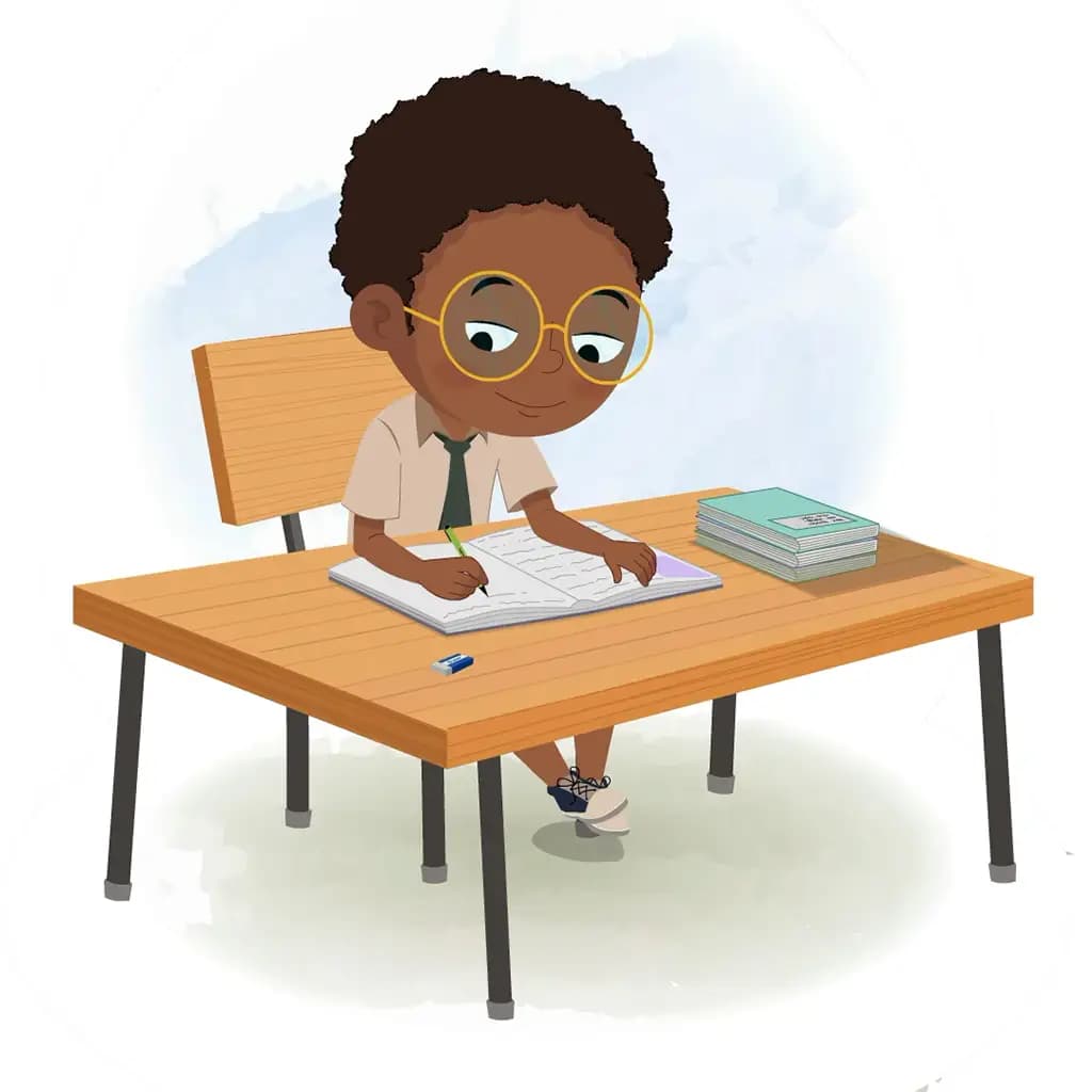 An indian school boy doing homework and sitting on the table animated cartoon character aka shree