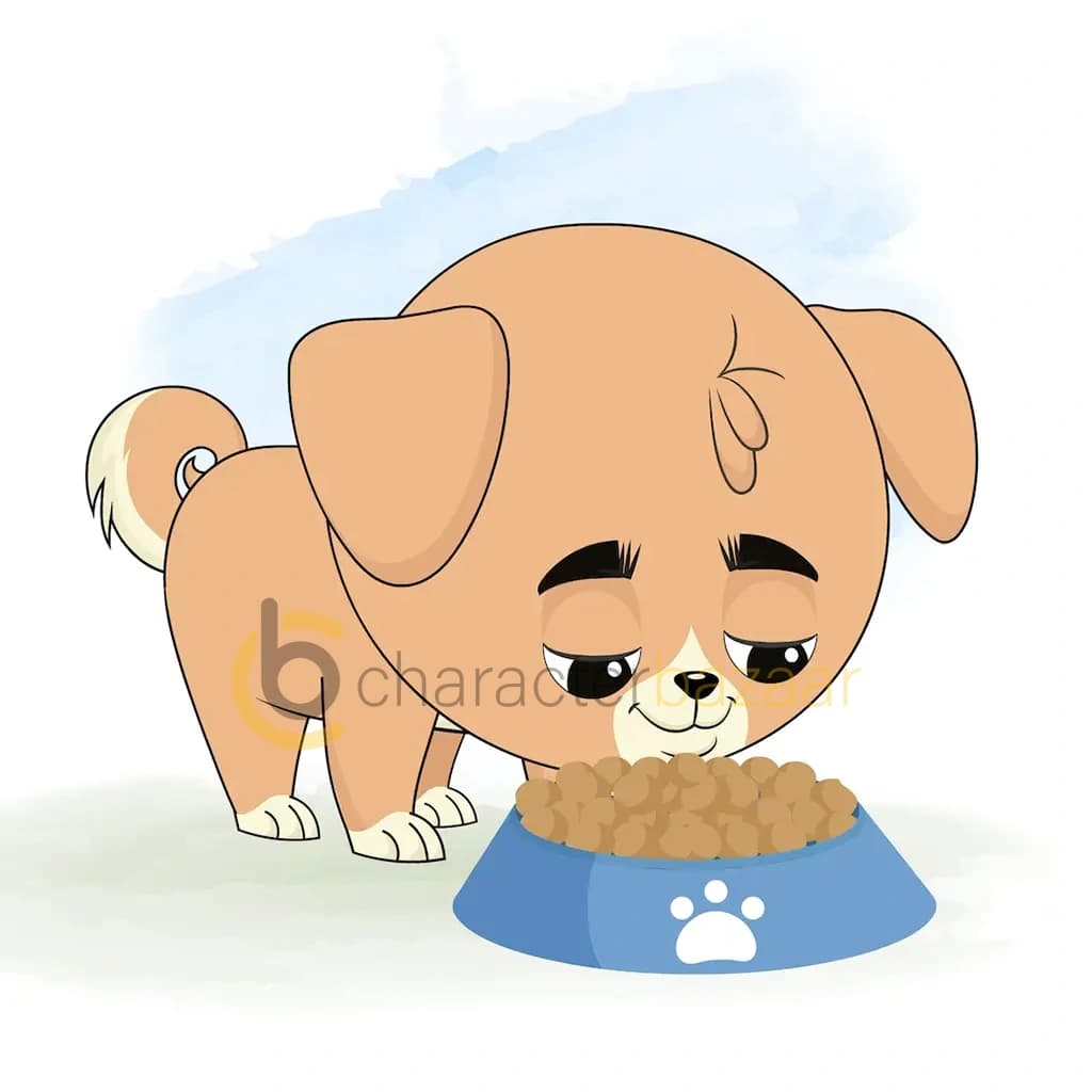 A little dog eating food from bowl animated cartoon character aka rocky the dog