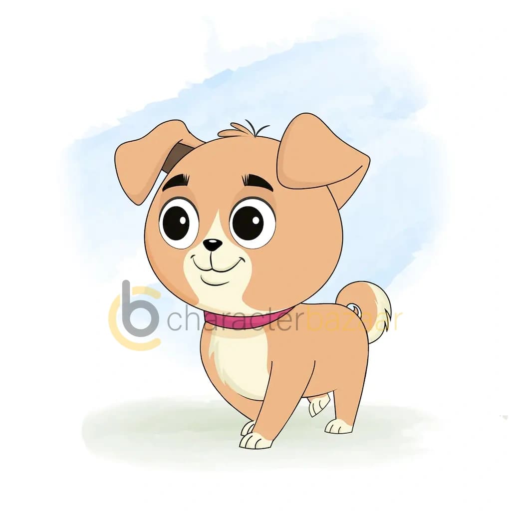 A little dog 3/4 front view/three quarter view walking animated cartoon character aka rocky the dog