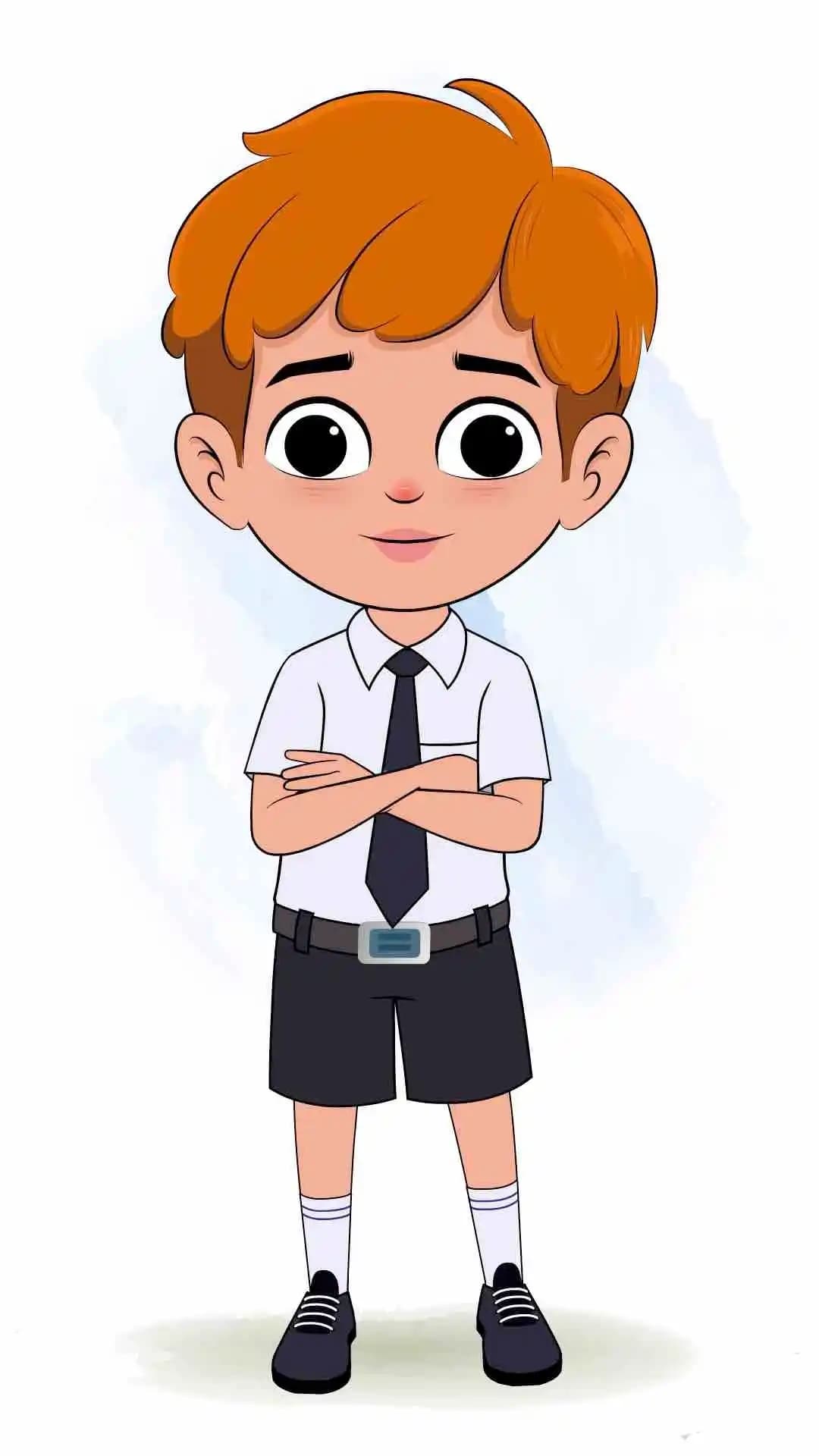 A school boy standing with cross hand and talking animated cartoon character aka leo