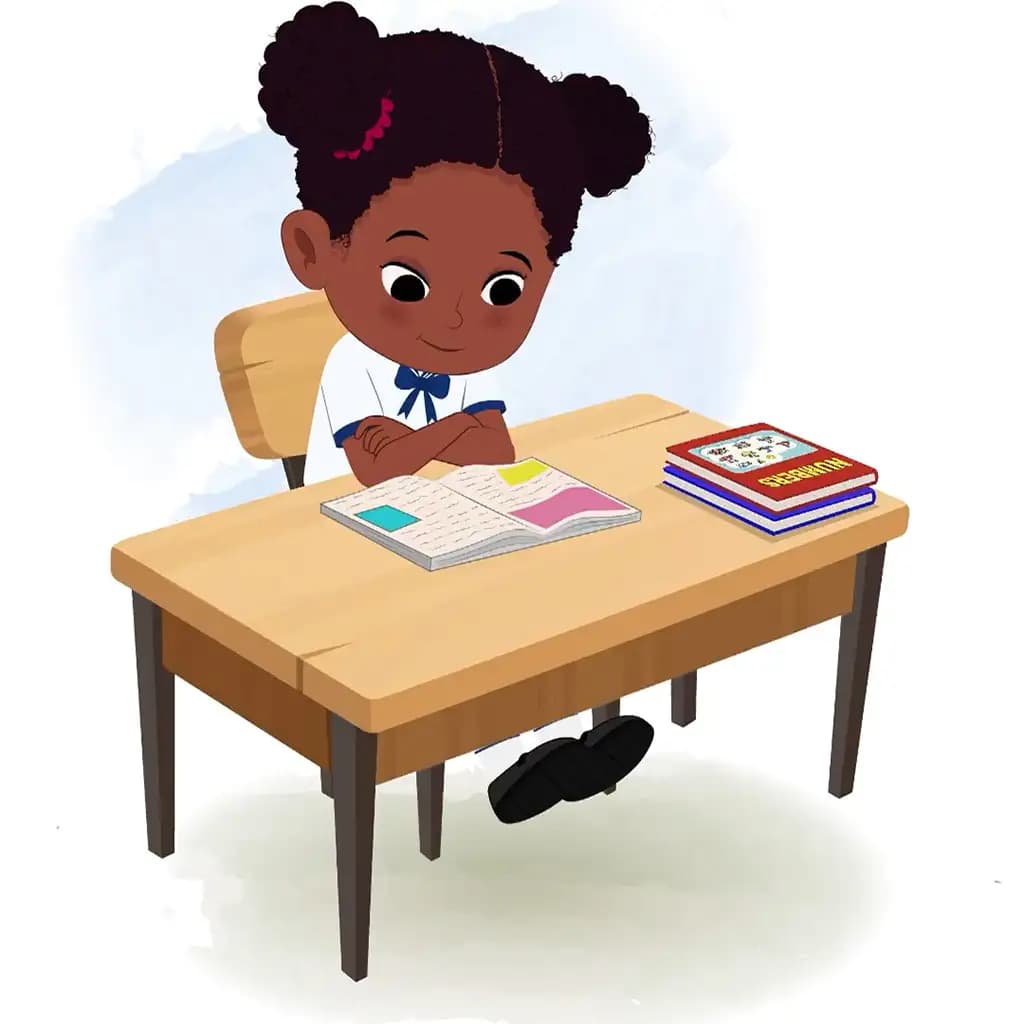 A little black girl reading a book and sitting on the table animated cartoon character aka kaya
