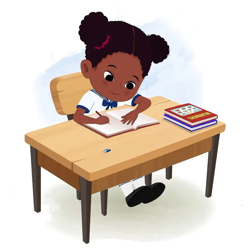 A little black girl doing homework and sitting on the table animated cartoon character aka kaya