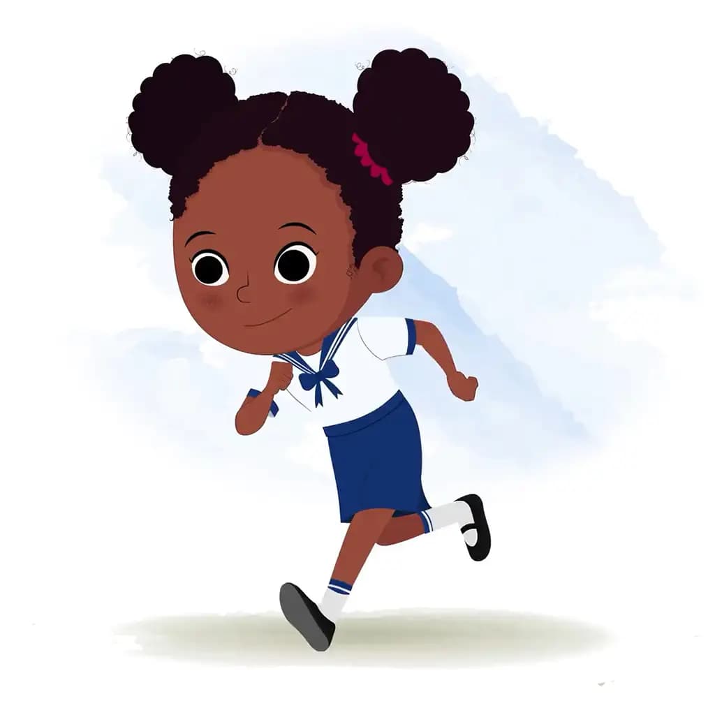 A little black girl running three quarter view animated cartoon character aka kaya