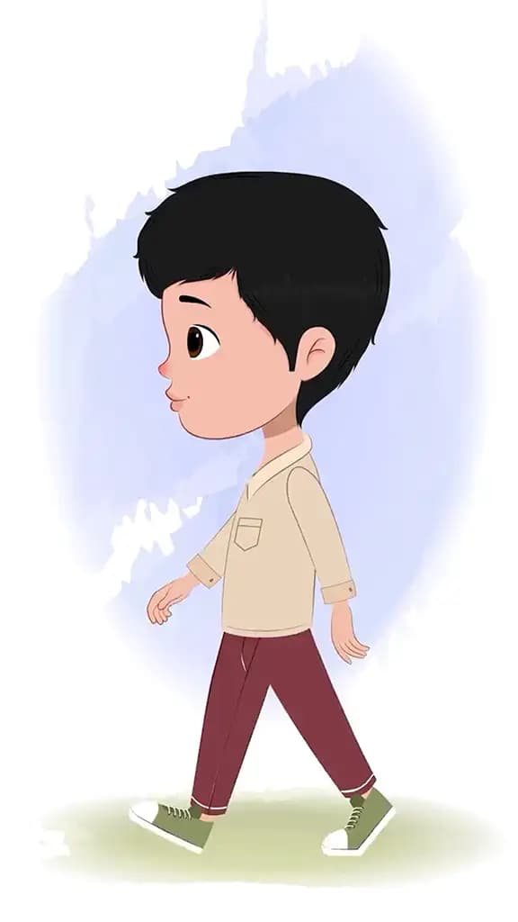A cool boy walking side view animated cartoon character aka rahul