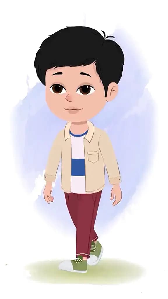 A cool boy 3/4 front view/three quarter view walking animated cartoon character aka rahul