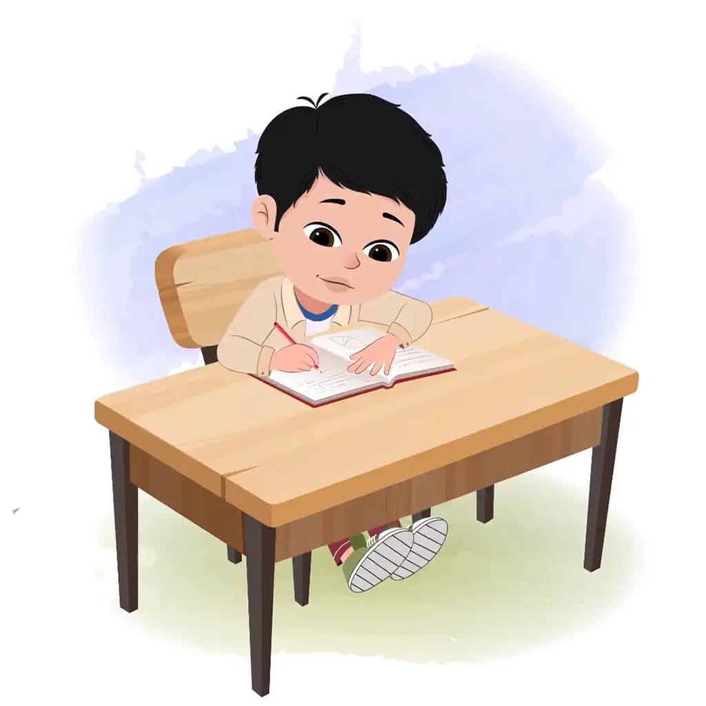 A cool boy doing homework and sitting on the table animated cartoon character aka rahul