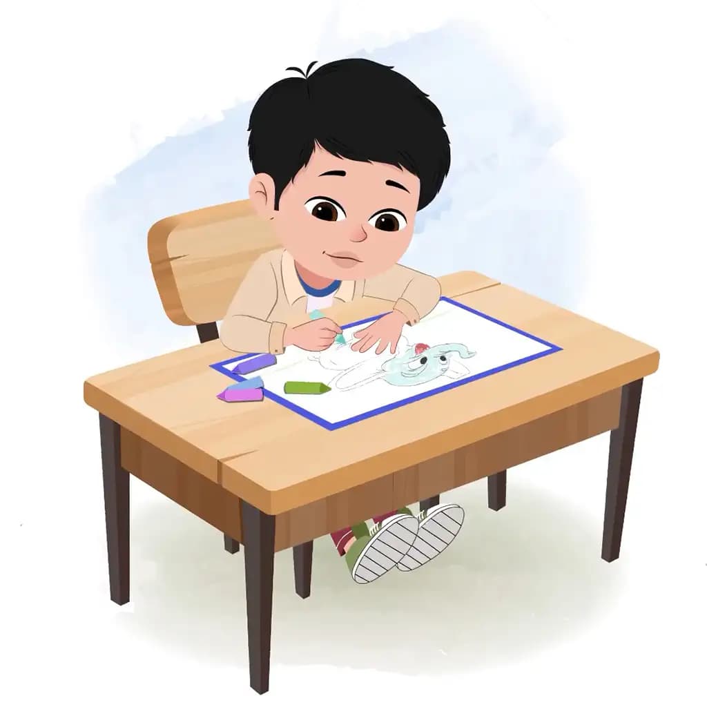A cool boy is sitting at a table with some crayons and coloring on the paper aka rahul