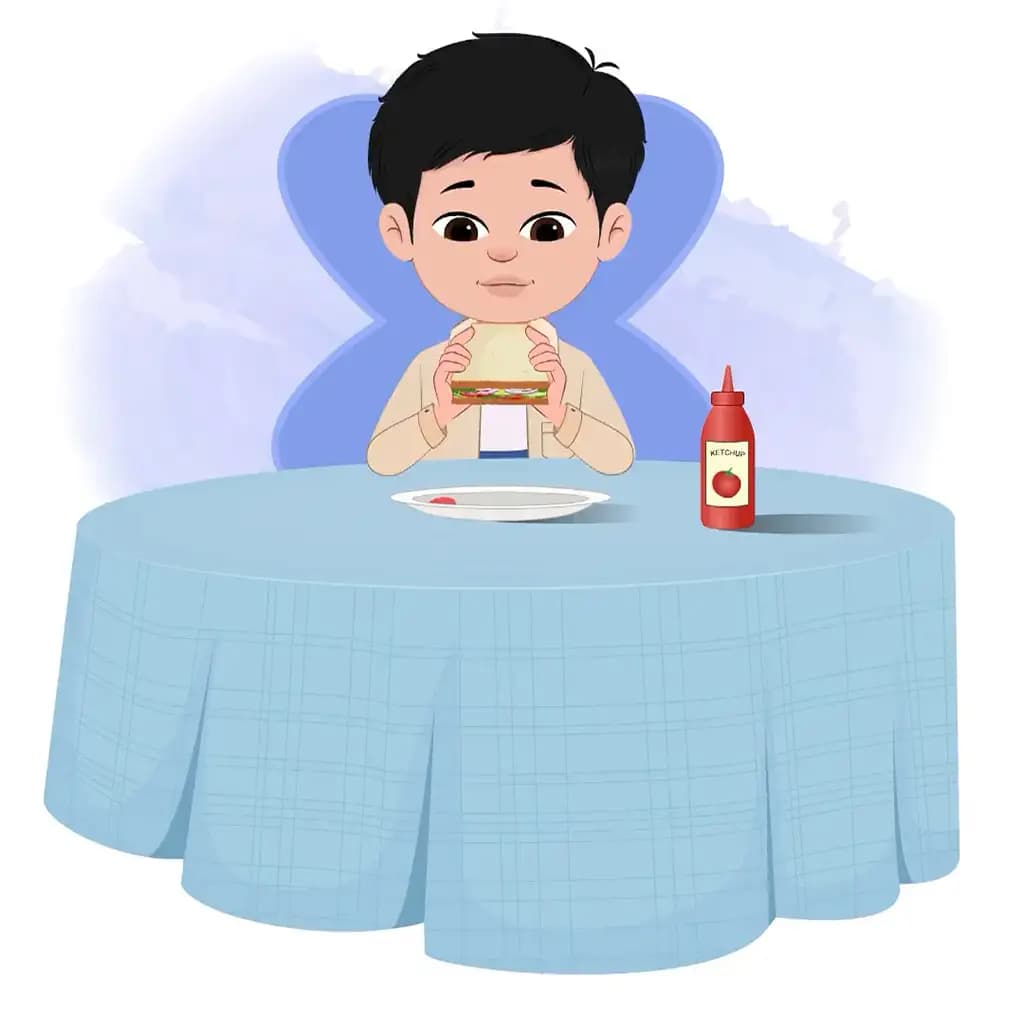 A cool boy animated cartoon character sitting at a table and eating a sandwich aka rahul
