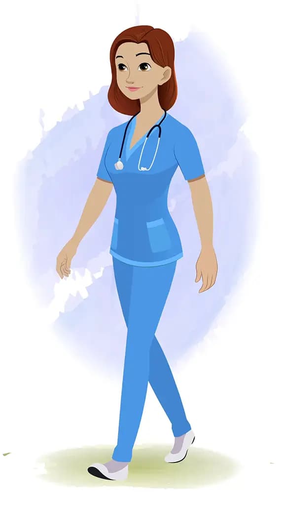 A female nurse 3/4 front view/three quarter view walking animated cartoon character aka miss.teresa 3/4