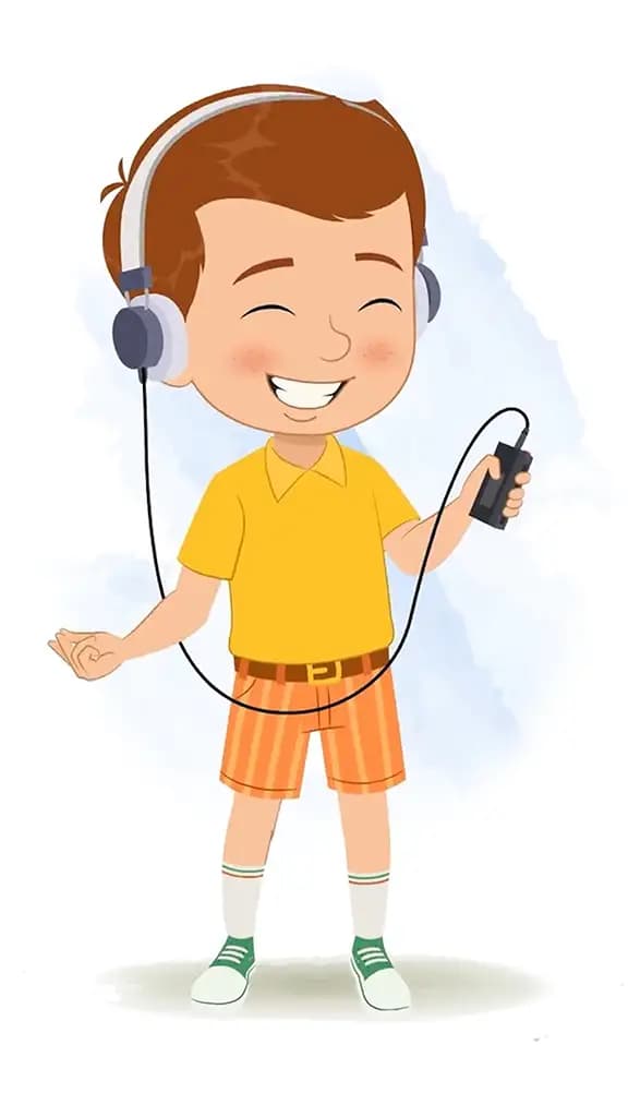 A little boy animated cartoon character listening music in headphones walking in street holding player aka johny