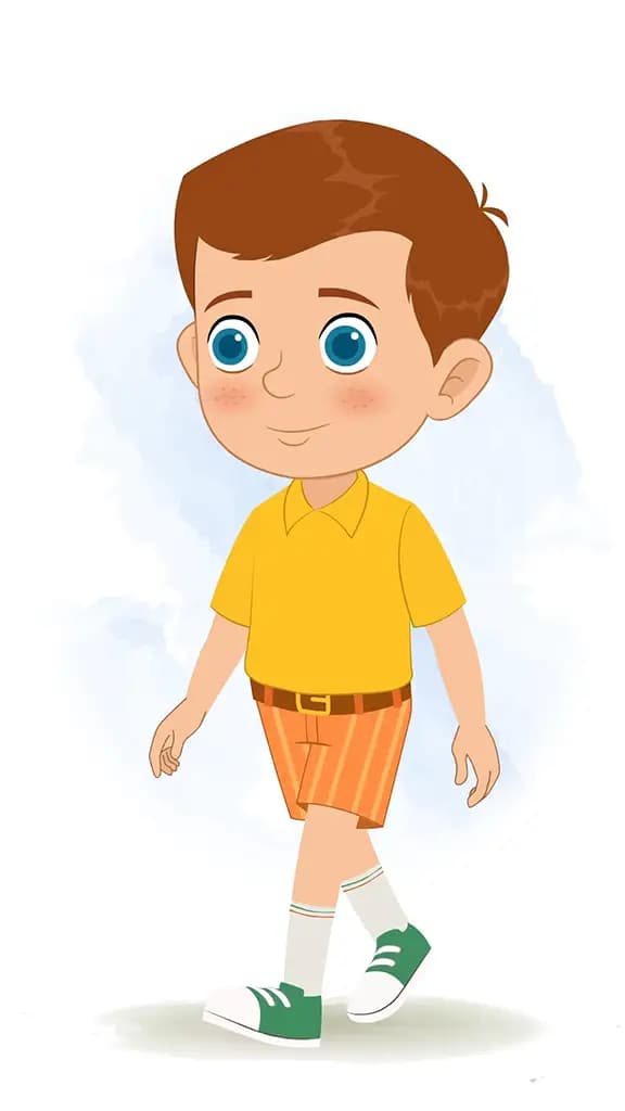 A little boy 3/4 front view/three quarter view walking animated cartoon character aka johny 3/4