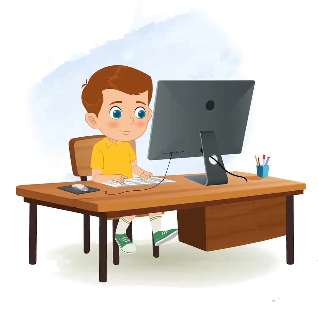 A little boy animated cartoon character working on a computer aka johny