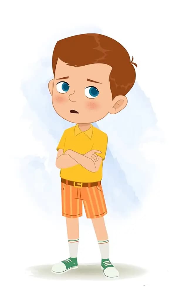 A sad little boy animated cartoon character aka johny 3/4