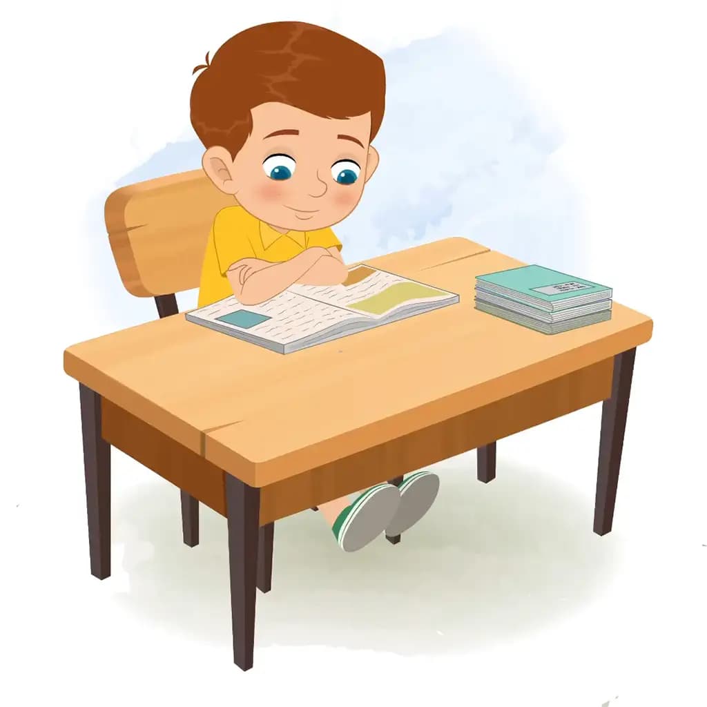 A little boy reading a book and sitting on the table animated cartoon character aka johny