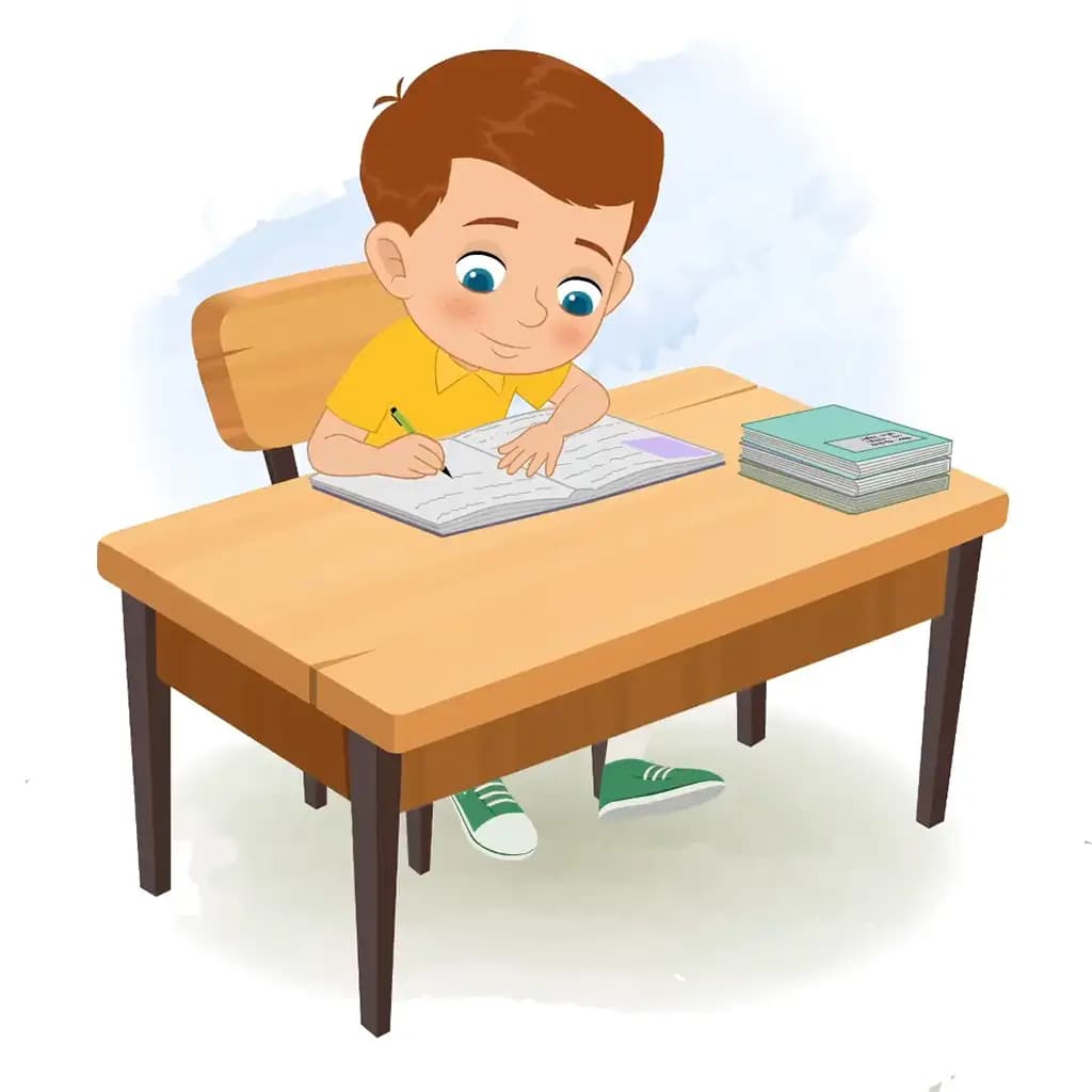 A little boy doing homework and sitting on the table animated cartoon character aka johny
