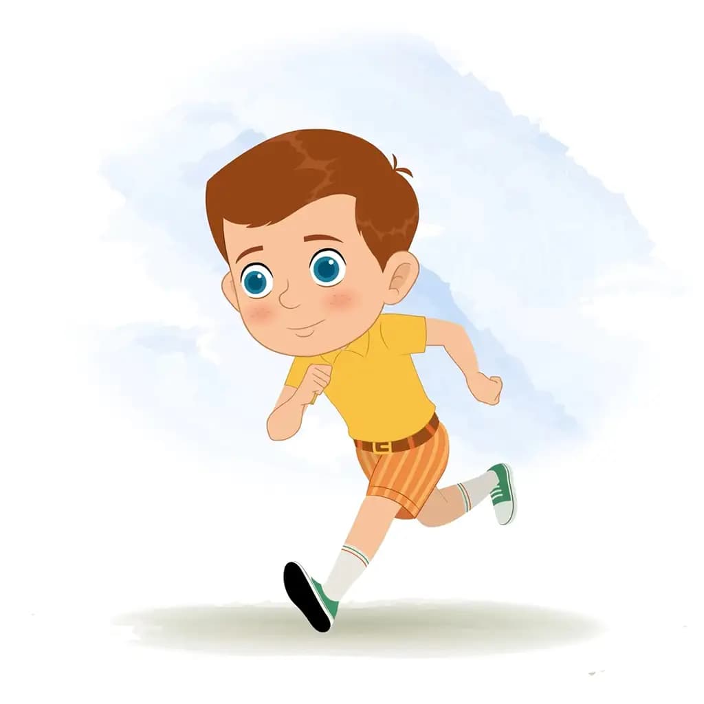 A little boy running three quarter view animated cartoon character aka johny