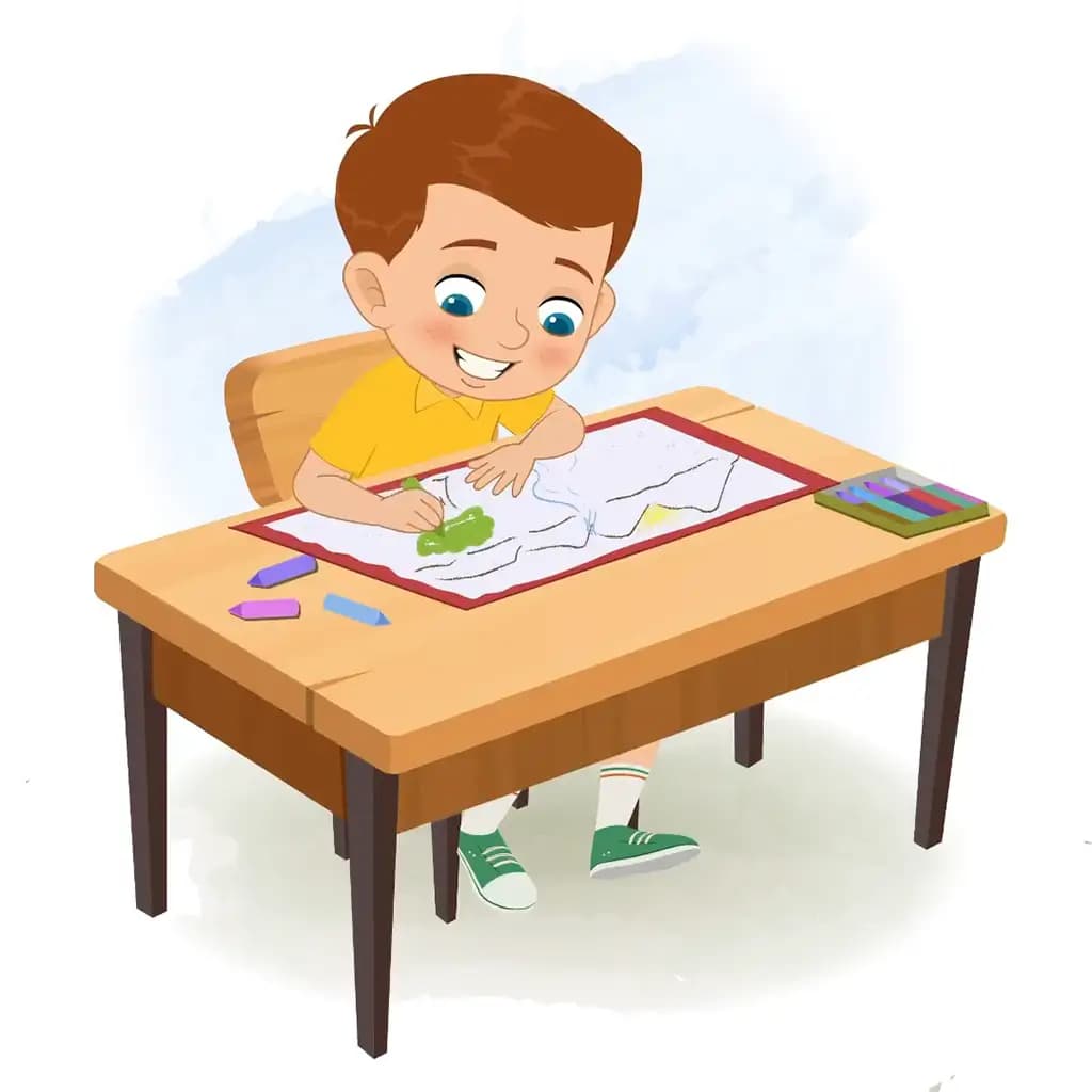 A little boy is sitting at a table with some crayons and colouring on the paper aka johny