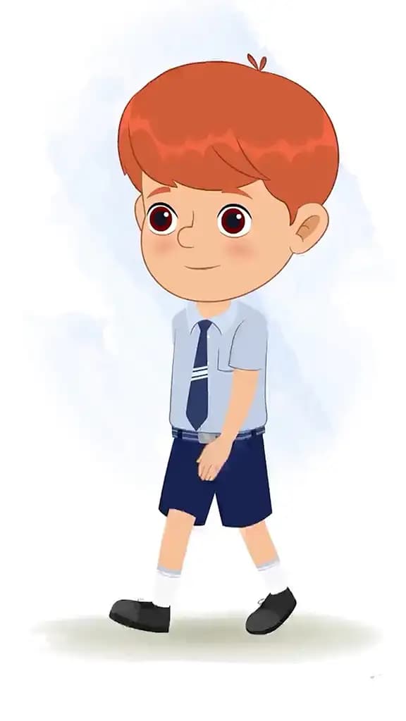 A red hair boy 3/4 front view/three quarter view walking animated cartoon character aka max