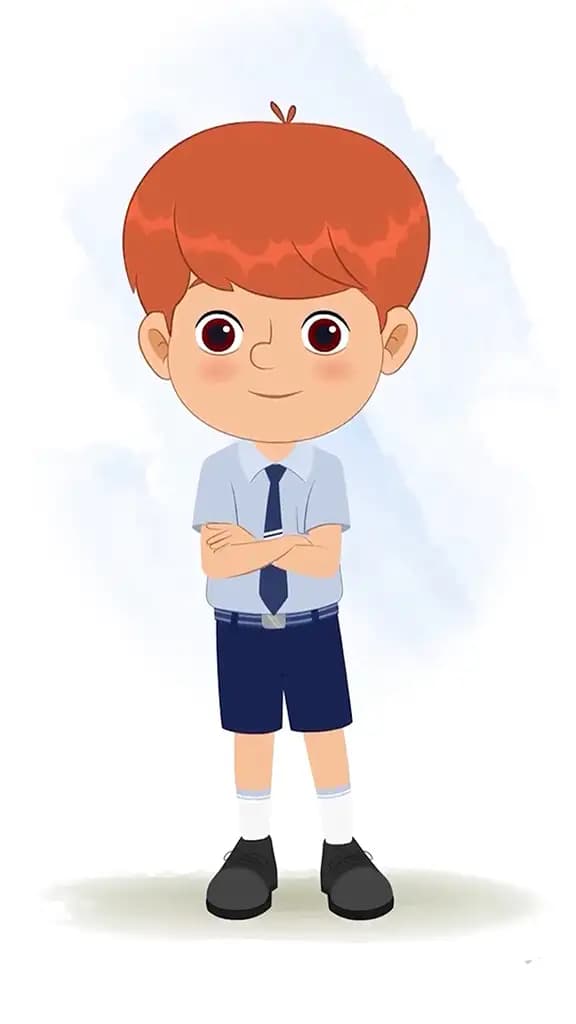 A red hair boy standing with cross hand and talking animated cartoon character aka max
