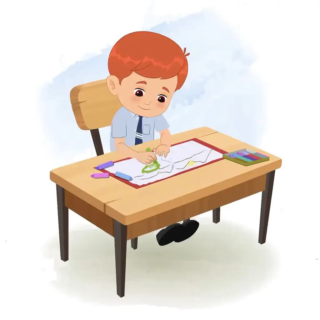 A red hair boy is sitting at a table with some crayons and coloring on the paper aka max
