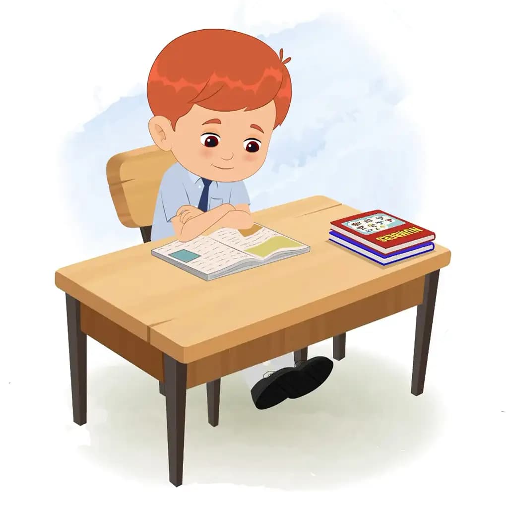 A red hair boy reading a book and sitting on the table animated cartoon character aka max