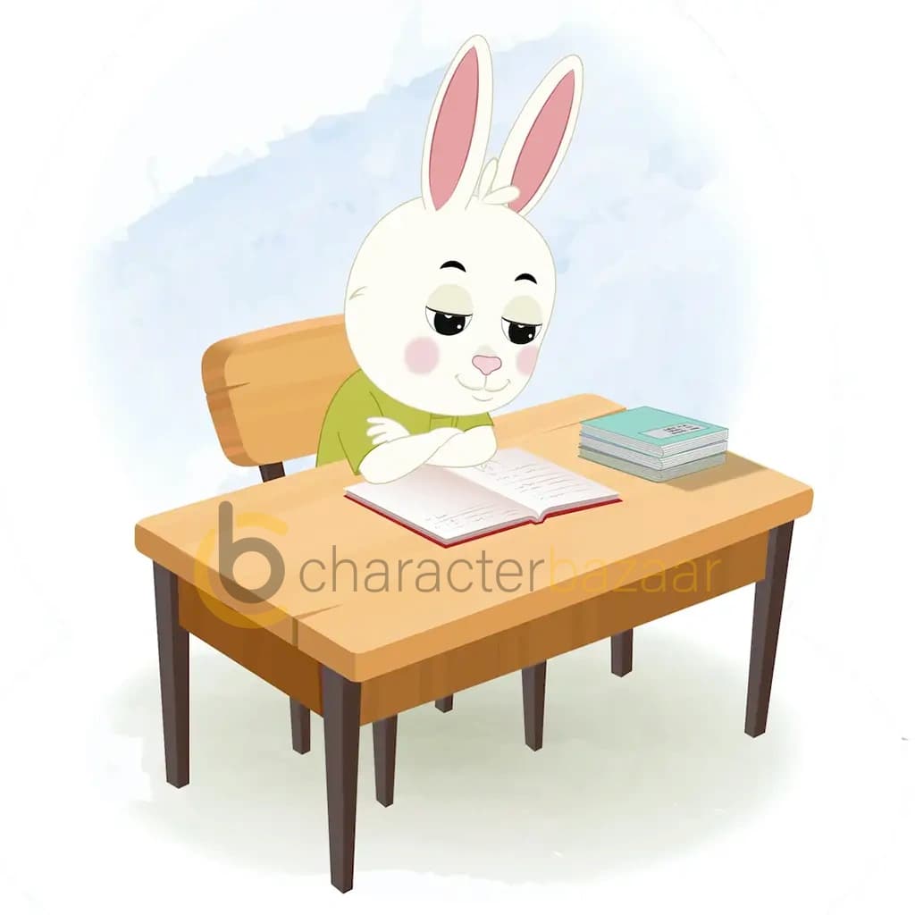 A rabbit reading a book and sitting on the table animated cartoon character aka heera the rabbit