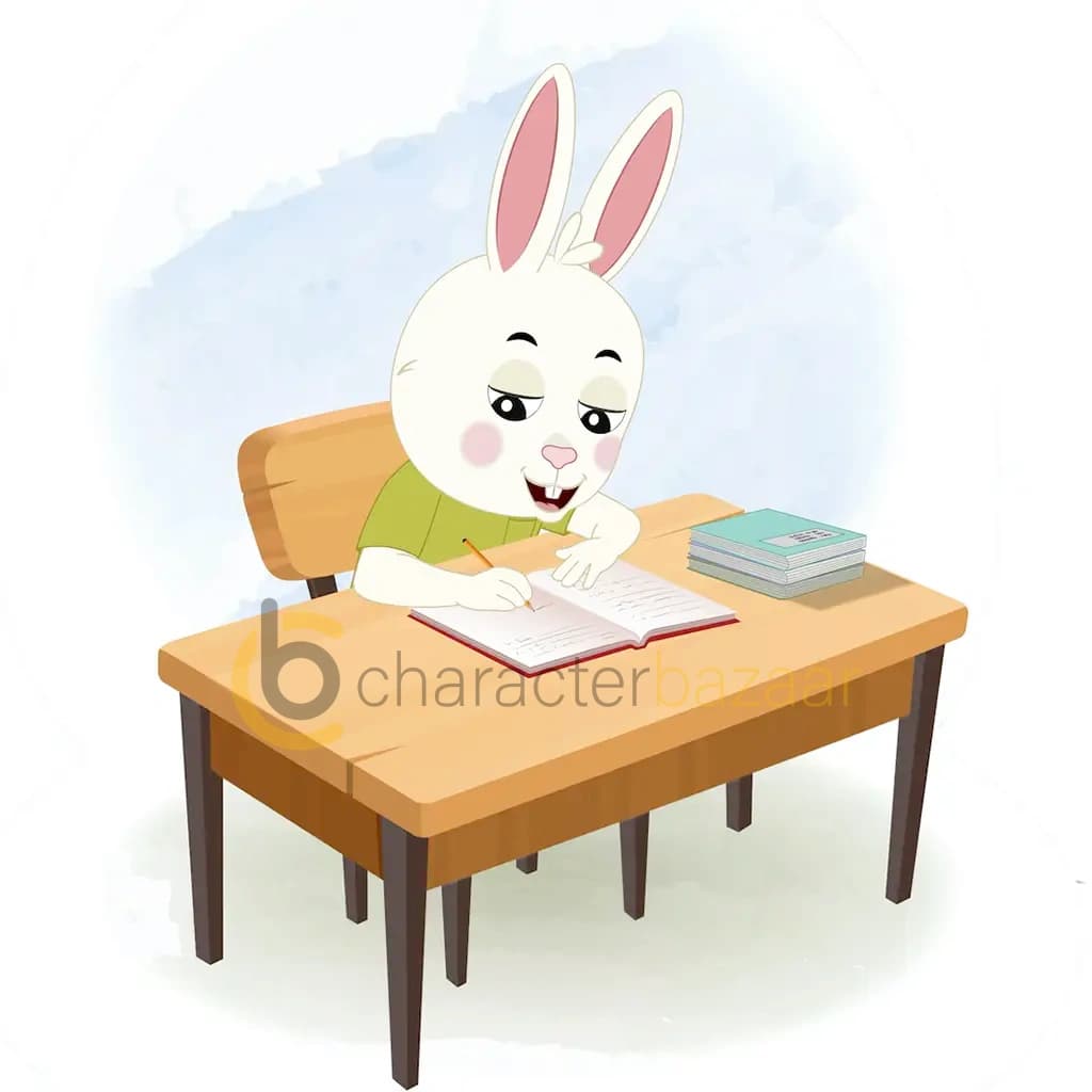 A rabbit doing homework and sitting on the table animated cartoon character aka heera the rabbit