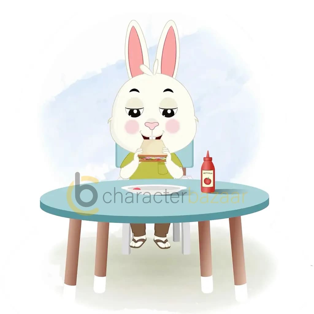 A rabbit animated cartoon character sitting at a table and eating a sandwich aka heera the rabbit