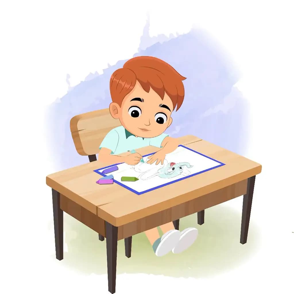 A sports boy is sitting at a table with some crayons and coloring on the paper aka roman