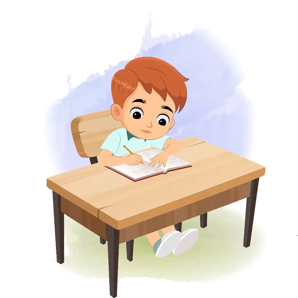 A sports boy doing homework and sitting on the table animated cartoon character aka roman