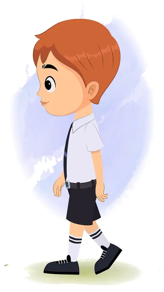 A little boy walking side view animated cartoon character aka roman