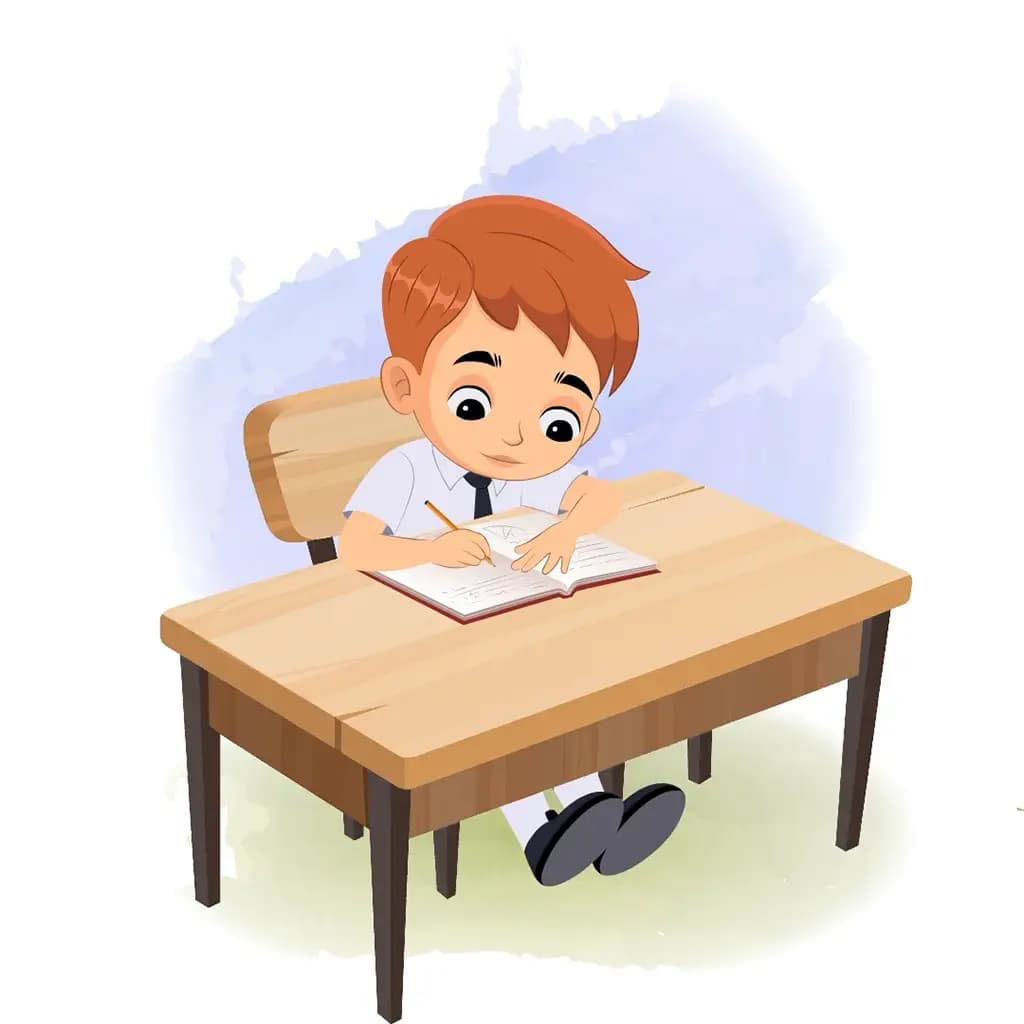 A little boy doing homework and sitting on the table animated cartoon character aka roman