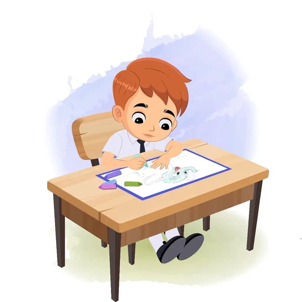 A little boy is sitting at a table with some crayons and colouring on the paper aka roman