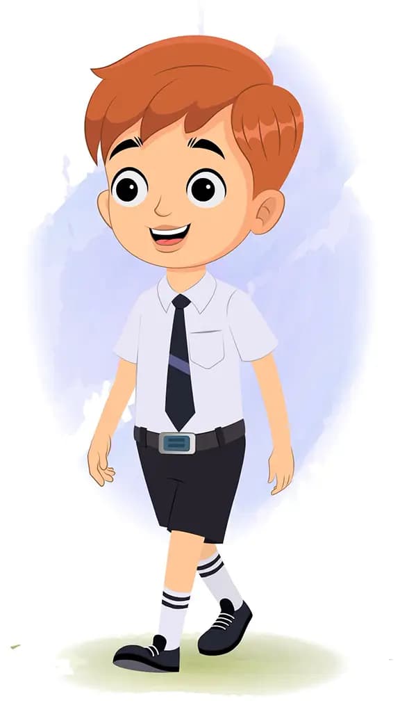 A little boy 3/4 front view/three quarter view walking animated cartoon character aka roman 3/4