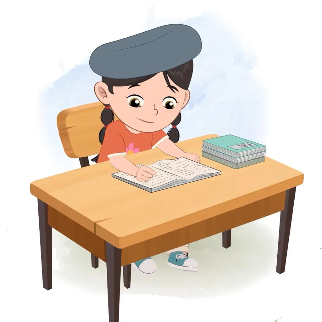 A cute girl reading a book and sitting on the table animated cartoon character aka maya