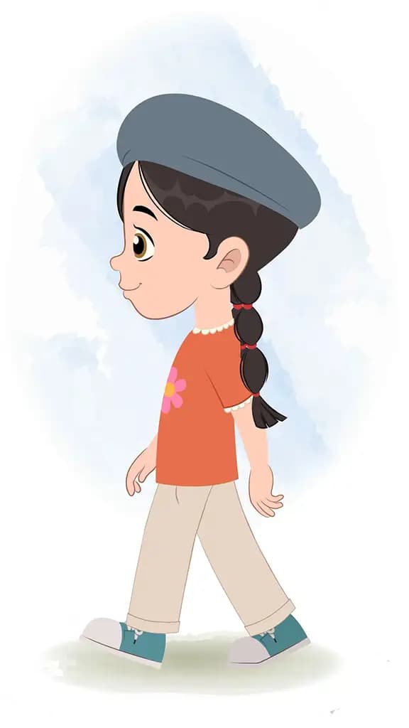 A cute girl walking side view animated cartoon character aka maya