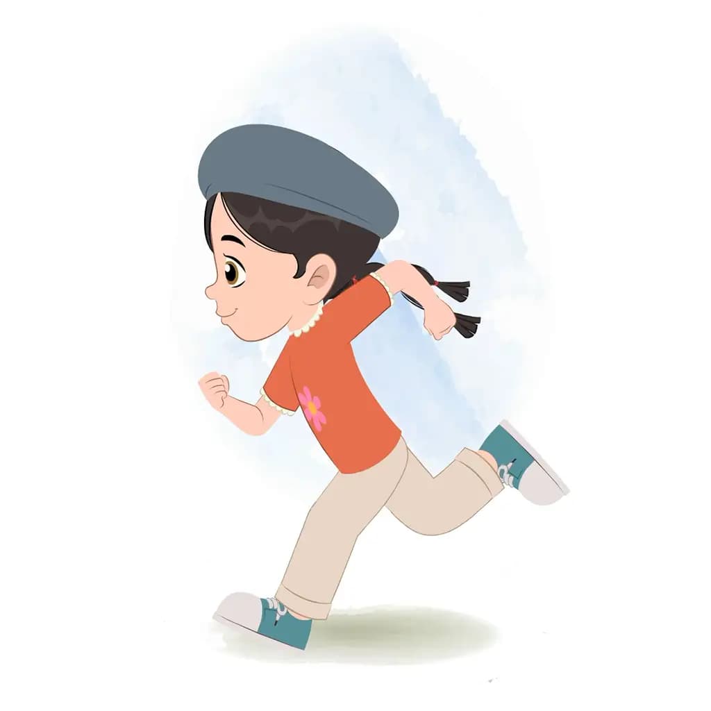 A cute girl running fast side view animated cartoon character aka maya