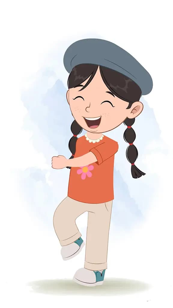 A cute girl animated cartoon character walking joyfully aka maya 3/4