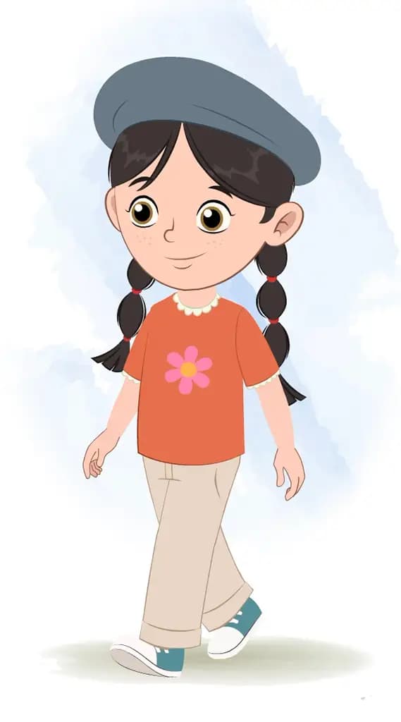 A cute girl 3/4 front view/three quarter view walking animated cartoon character aka maya