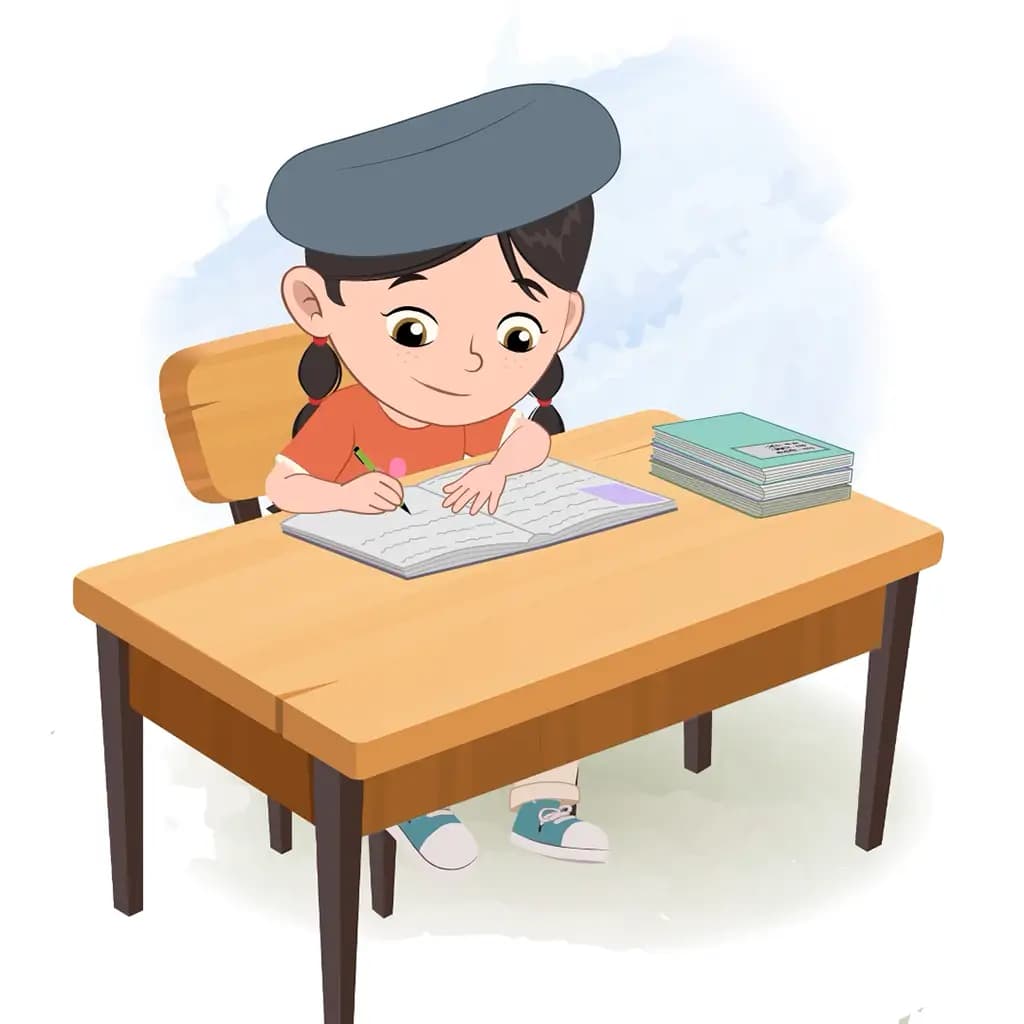 A cute girl doing homework and sitting on the table animated cartoon character aka maya