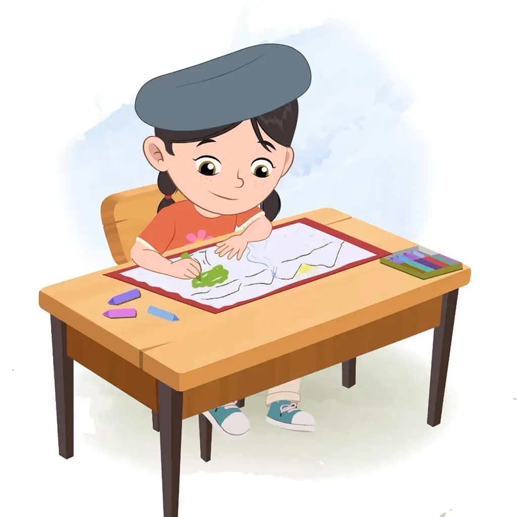 A cute girl is sitting at a table with some crayons and coloring on the paper aka maya