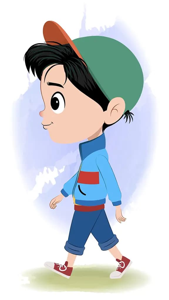 A stylish boy walking side view animated cartoon character aka navi