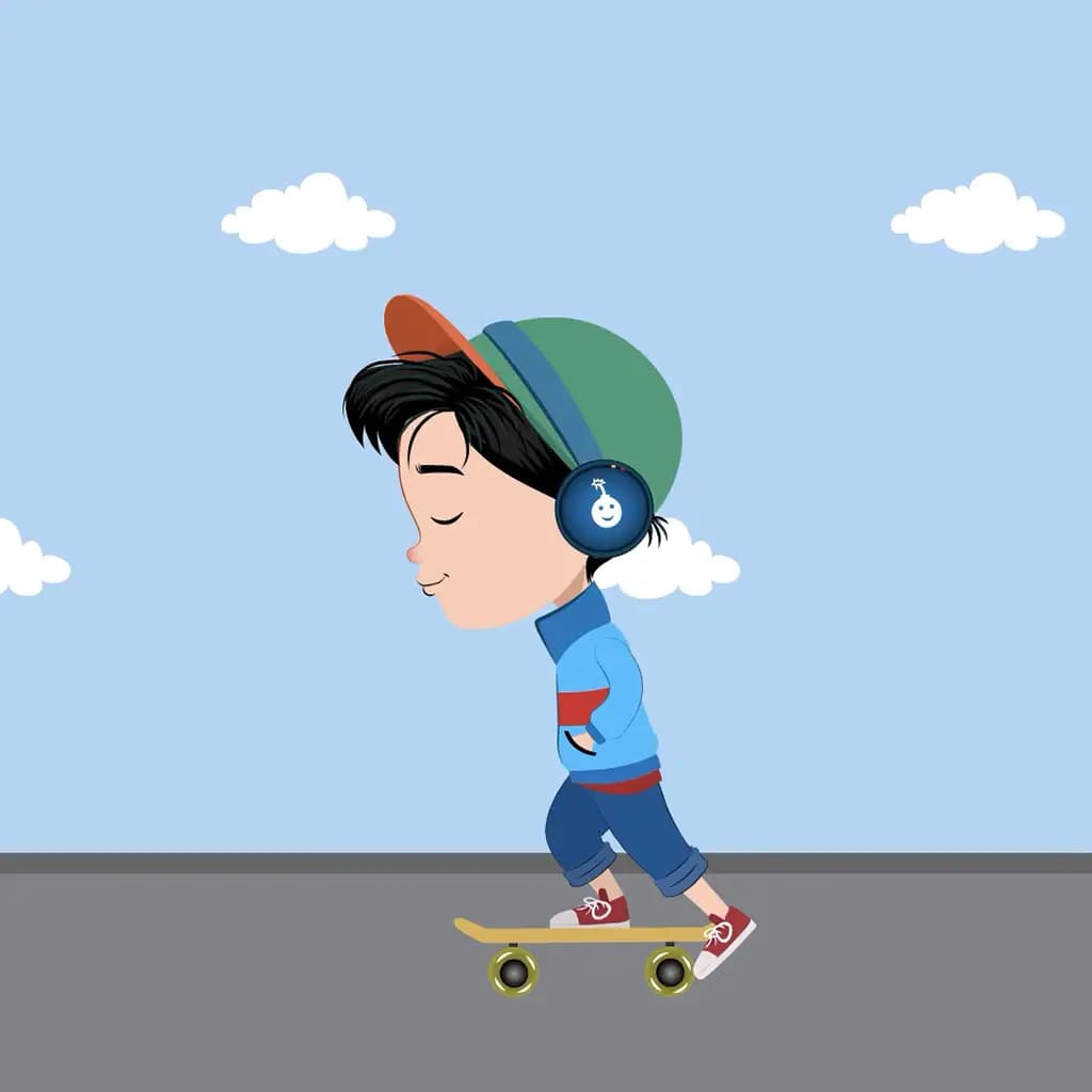 A boy in a cap skateboards while listening to music through headphones animated cartoon character aka navi